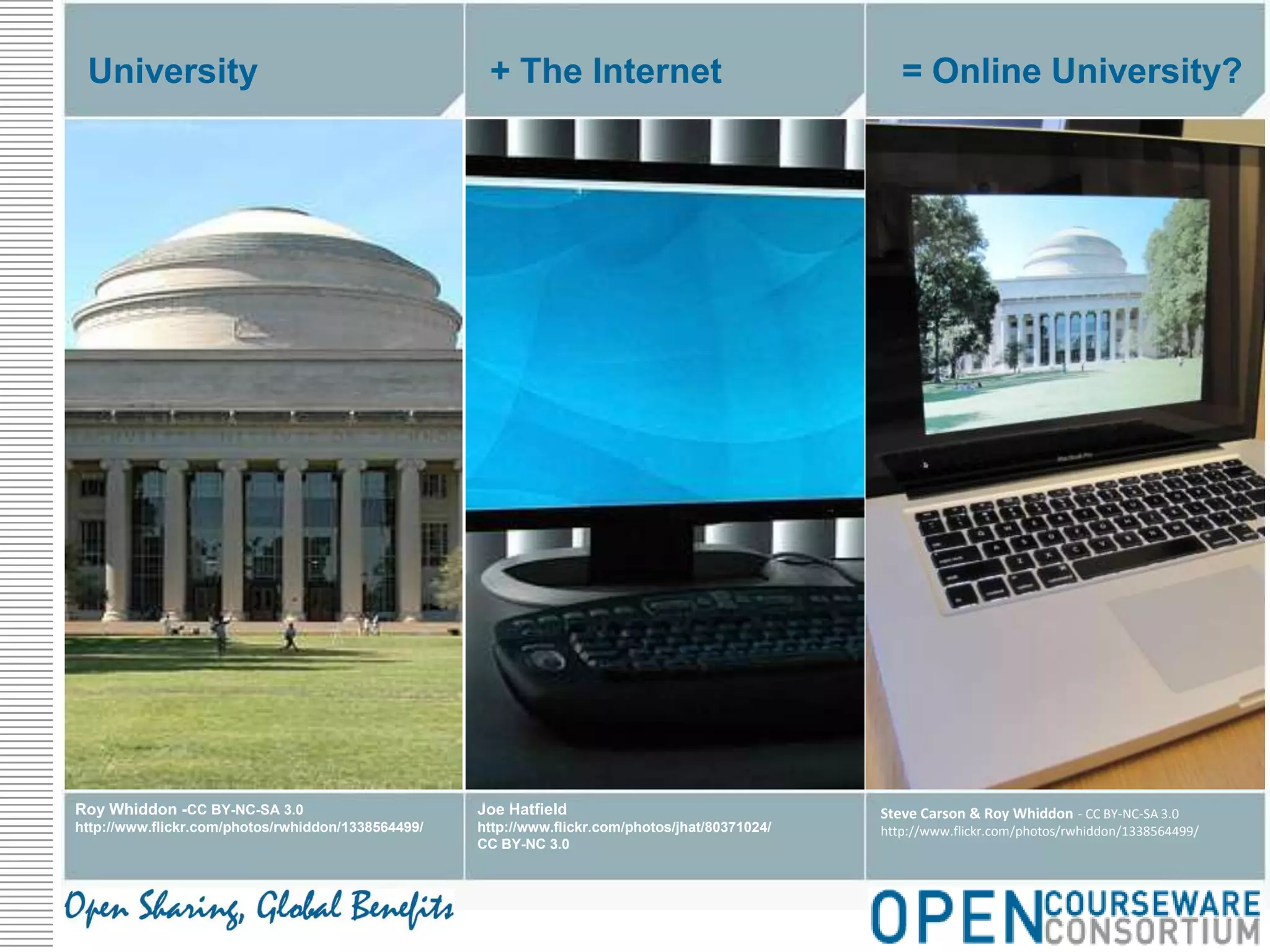 University+ The Internet= Online University?Joe Hatfieldhttp://www.flickr.com/photos/jhat/80371024/CC BY-NC 3.0Roy Whiddon -CC BY-NC-SA 3.0http://www.flickr.com/photos/rwhiddon/1338564499/Steve Carson & Roy Whiddon - CC BY-NC-SA 3.0http://www.flickr.com/photos/rwhiddon/1338564499/