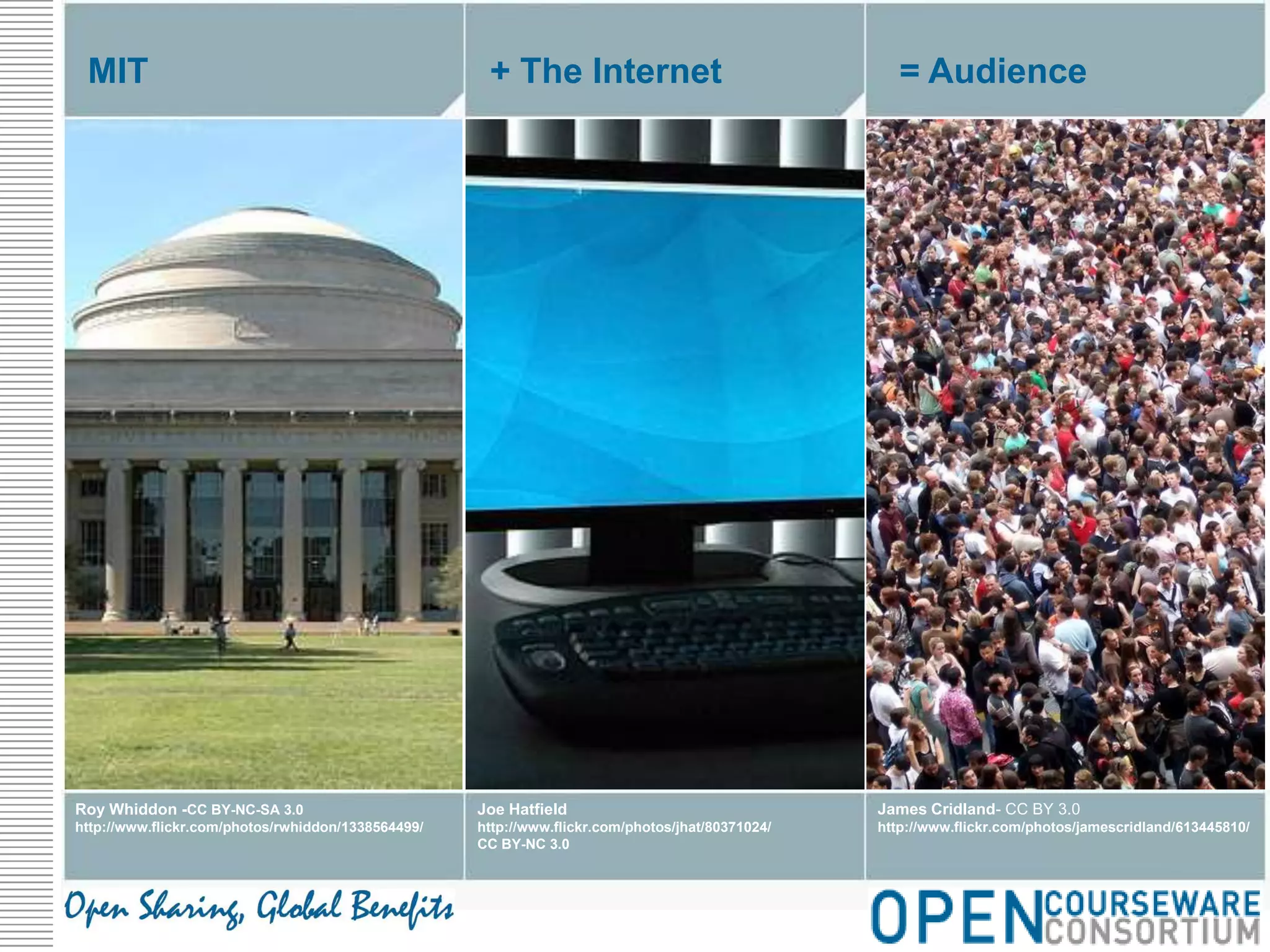 MIT+ The Internet= AudienceJames Cridland- CC BY 3.0http://www.flickr.com/photos/jamescridland/613445810/Joe Hatfieldhttp://www.flickr.com/photos/jhat/80371024/CC BY-NC 3.0Roy Whiddon -CC BY-NC-SA 3.0http://www.flickr.com/photos/rwhiddon/1338564499/