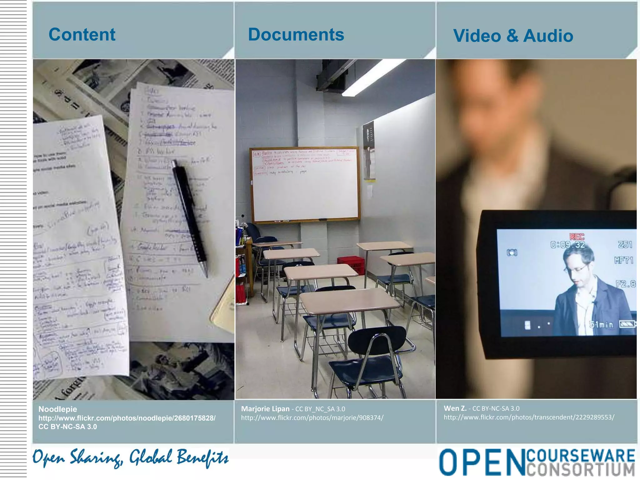 DocumentsContentVideo & AudioWen Z. - CC BY-NC-SA 3.0http://www.flickr.com/photos/transcendent/2229289553/Marjorie Lipan - CC BY_NC_SA 3.0http://www.flickr.com/photos/marjorie/908374/Noodlepiehttp://www.flickr.com/photos/noodlepie/2680175828/CC BY-NC-SA 3.0