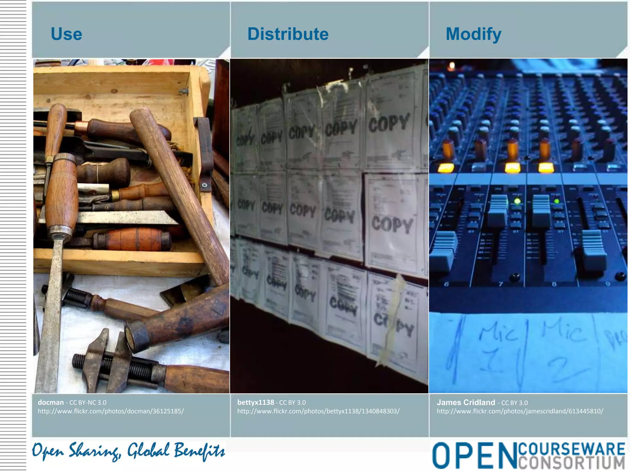 ModifyDistributeUsebettyx1138 - CC BY 3.0http://www.flickr.com/photos/bettyx1138/1340848303/James Cridland - CC BY 3.0http://www.flickr.com/photos/jamescridland/613445810/docman - CC BY-NC 3.0http://www.flickr.com/photos/docman/36125185/