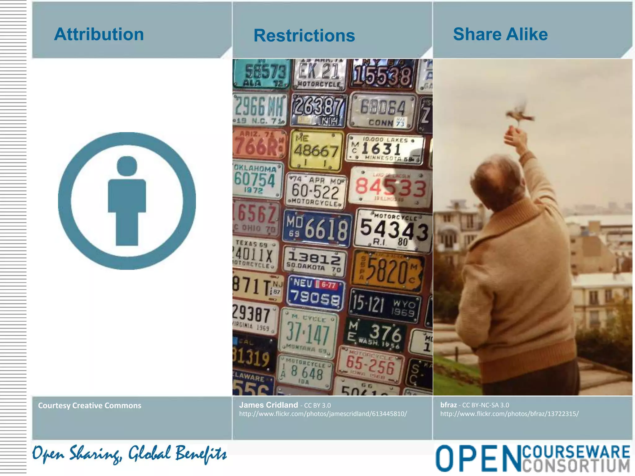 Share AlikeAttributionRestrictionsJames Cridland - CC BY 3.0http://www.flickr.com/photos/jamescridland/613445810/bfraz - CC BY-NC-SA 3.0http://www.flickr.com/photos/bfraz/13722315/Courtesy Creative Commons