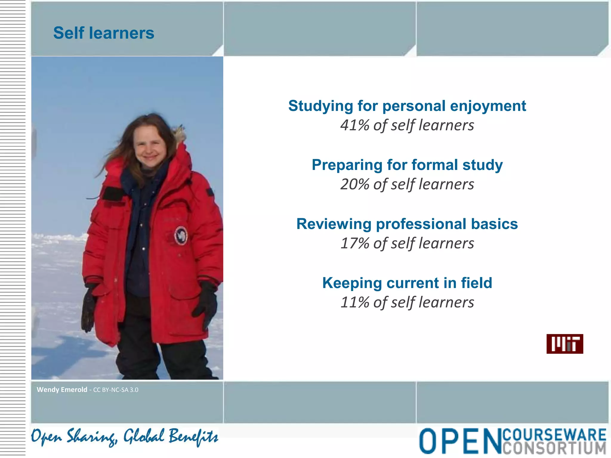 Self learnersStudying for personal enjoyment41% of self learnersPreparing for formal study20% of self learnersReviewing professional basics17% of self learnersKeeping current in field11% of self learnersWendy Emerold - CC BY-NC-SA 3.0