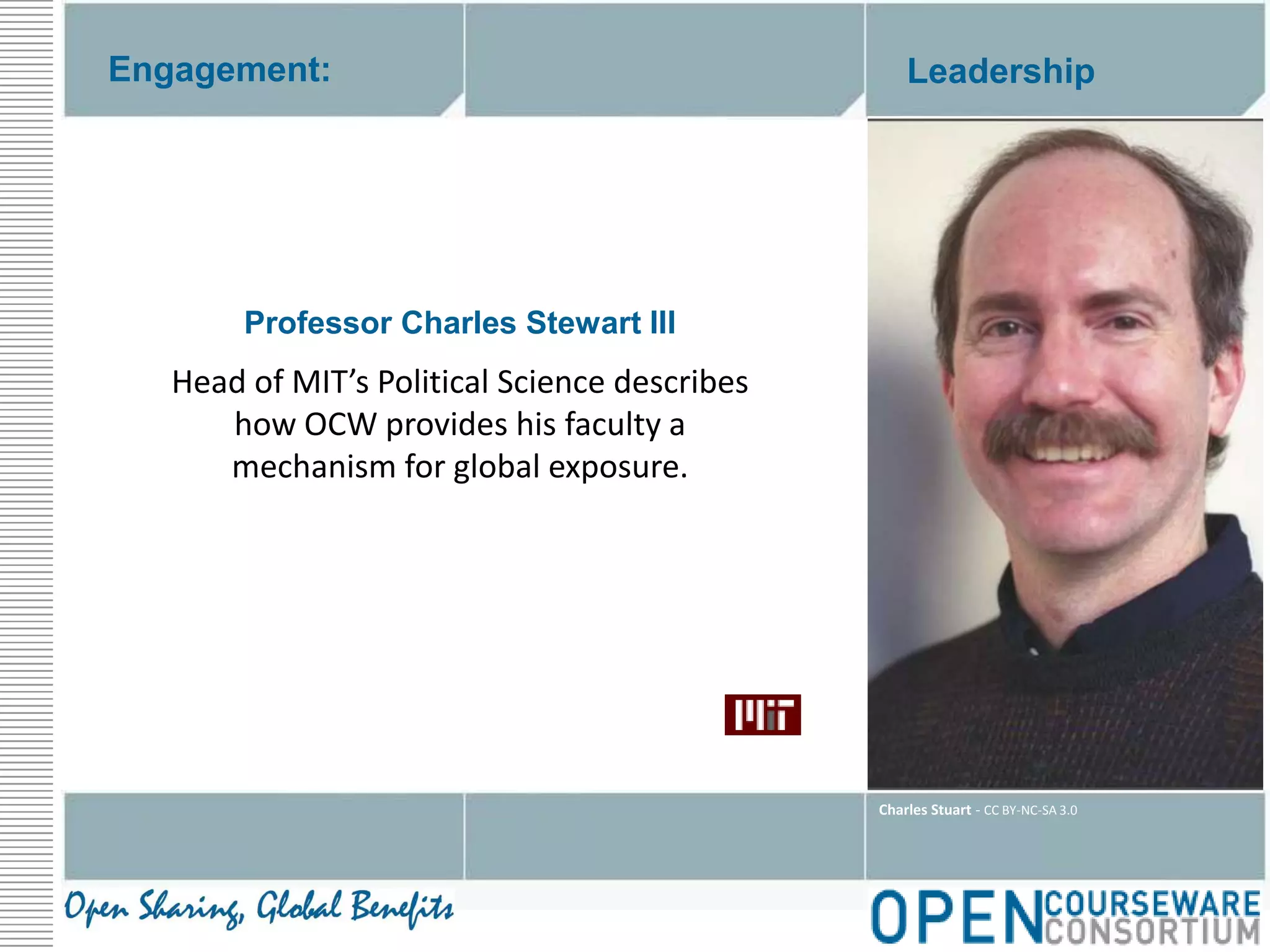 Engagement:LeadershipProfessor Charles Stewart IIIHead of MIT’s Political Science describes how OCW provides his faculty a mechanism for global exposure.Charles Stuart - CC BY-NC-SA 3.0