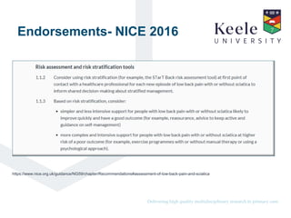 It’s the Keele difference.Delivering high quality multidisciplinary research in primary care.
Endorsements- NICE 2016
https://www.nice.org.uk/guidance/NG59/chapter/Recommendations#assessment-of-low-back-pain-and-sciatica
 