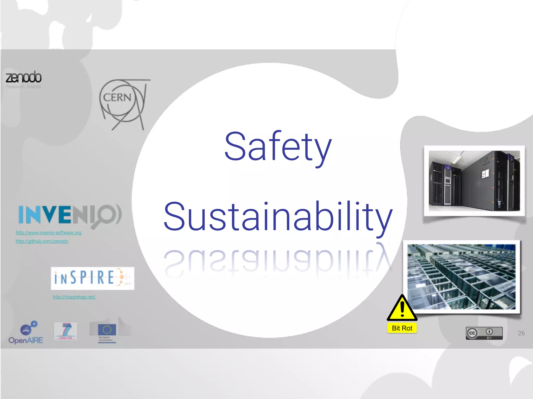 Safety
Sustainability
http://inspirehep.net/
http://www.invenio-software.org
http://github.com/zenodo
26
Bit Rot
 