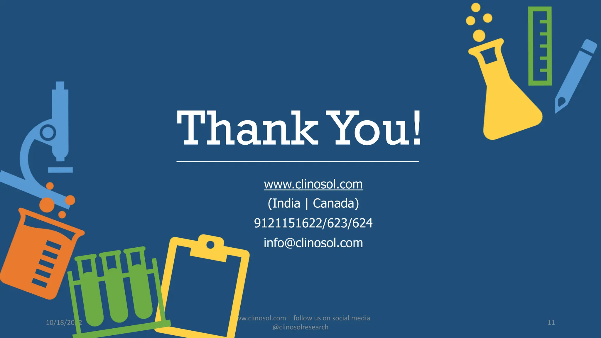 ThankYou!
www.clinosol.com
(India | Canada)
9121151622/623/624
info@clinosol.com
10/18/2022
www.clinosol.com | follow us on social media
@clinosolresearch
11
 