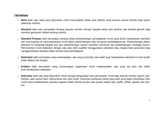 TAFSIRAN
  o Band ialah satu label yang digunakan untuk menunjukkan tanda aras tertentu yang disusun secara hierarki bagi tujuan
    pelaporan individu.

  o Standard ialah satu pernyataan tentang sesuatu domain merujuk kepada tanda aras tertentu dan bersifat generik bagi
    memberi gambaran holistik tentang individu.

  o Standard Prestasi ialah pernyataan tentang tahap perkembangan pembelajaran murid yang diukur berdasarkan standard
    dan menunjukkan di mana kedudukan murid dalam perkembangan atau kemajuan pembelajarannya. Perkembangan dalam
    standard itu terbahagi kepada dua iaitu perkembangan secara mendatar (konstruk) dan perkembangan menegak (band).
    Pertumbuhan murid dijelaskan dengan satu atau lebih qualifier menggunakan perkataan atau rangkai kata yang betul bagi
    menggambarkan standard dalam bentuk hasil pembelajaran.

  o Deskriptor ialah pernyataan yang menerangkan ‘apa yang murid tahu dan boleh buat’ berdasarkan standard di mana kualiti
    boleh ditaksir dan dicapai.

  o Evidens ialah pernyataan yang menerangkan bagaimana murid melaksanakan ‘apa yang dia tahu dan boleh
    buat’ berdasarkan deskriptor.

  o Instrumen ialah alat yang digunakan untuk menguji penguasaan atau pencapaian murid bagi sesuatu domain seperti ujian
    bertulis, ujian secara lisan, demonstrasi dan ujian amali. Instrumen berbentuk bahan atau bukti yang dapat ditunjukkan oleh
    murid yang melaksanakan sesuatu tugasan dalam bentuk produk atau proses seperti foto, grafik, artifak, laporan dan lain-
    lain.




                                                                                                                             5
 