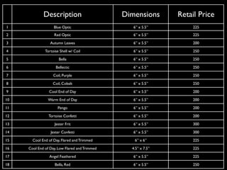 Description                       Dimensions      Retail Price
1                  Blue Optic                     6 x 5.5         225
2                  Red Optic                      6 x 5.5         225

3                Autumn Leaves                    6 x 5.5         200

4             Tortoise Shell w/ Coil              6 x 5.5         250

5                     Bella                       6 x 5.5         250

6                   Bellectic                     6 x 5.5         250

7                  Coil, Purple                   6 x 5.5         250

8                 Coil, Cobalt                    6 x 5.5         250

9               Cool End of Day                   6 x 5.5         200

10              Warm End of Day                   6 x 5.5         200

11                    Pengo                       6 x 5.5         200

12              Tortoise Confetti                 6 x 5.5         200

13                  Jester Frit                   6 x 5.5         300

14               Jester Confetti                  6 x 5.5         300

15     Cool End of Day, Flared and Trimmed        6 x 6           225

16   Cool End of Day, Low Flared and Trimmed     4.5 x 7.5        225

17              Angel Feathered                   6 x 5.5         225

18                  Bella, Red                    6 x 5.5         250
 