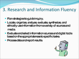 3. Research and Information Fluency Plan strategies to guide inquiry. Locate, organize, analyze, evaluate, synthesize, and ethically use information from a variety of sources and media. Evaluate and select information sources and digital tools based on the appropriateness to specific tasks. Process data and report results. 