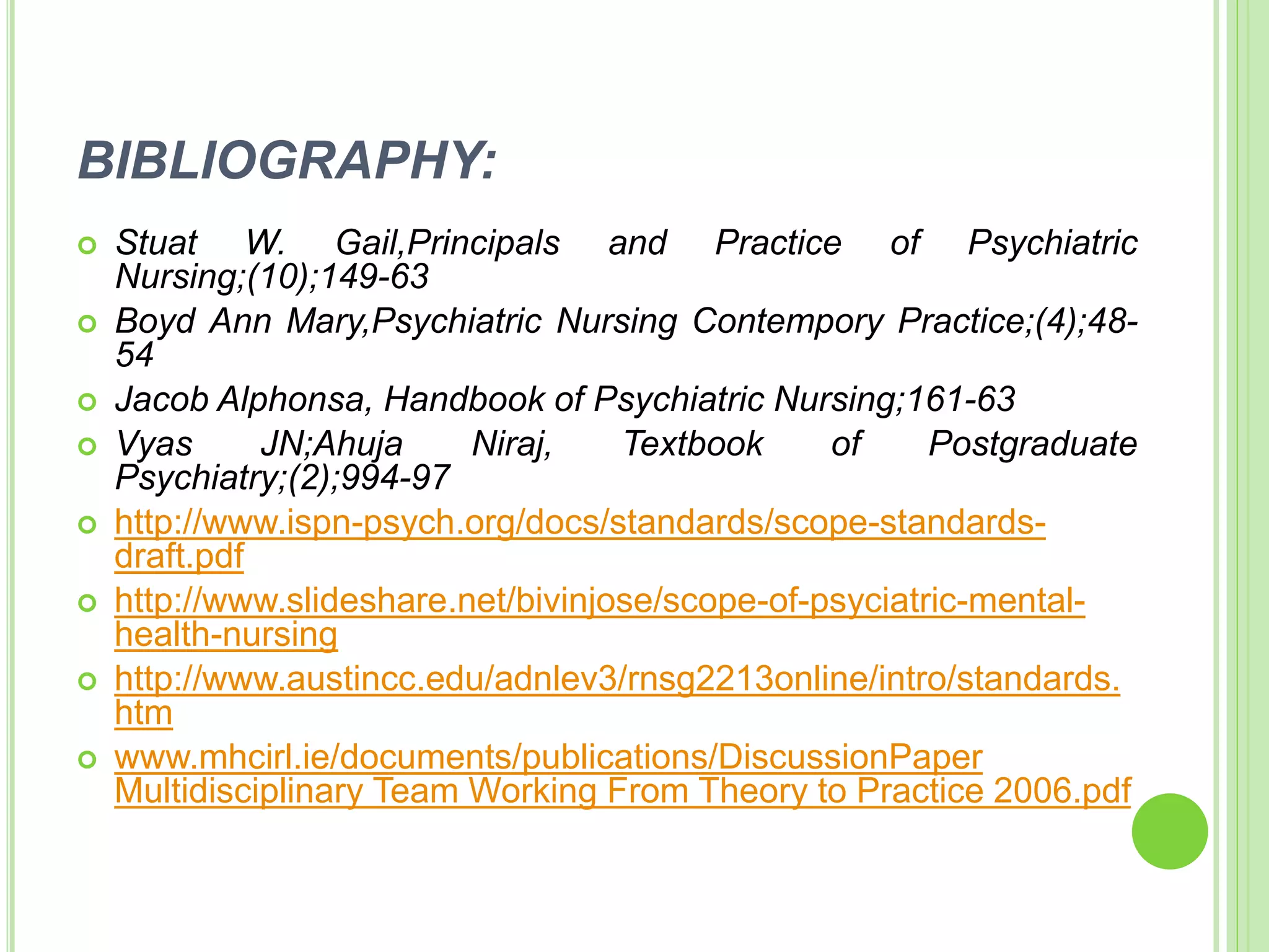 BIBLIOGRAPHY:
 Stuat W. Gail,Principals and Practice of Psychiatric
Nursing;(10);149-63
 Boyd Ann Mary,Psychiatric Nursing Contempory Practice;(4);48-
54
 Jacob Alphonsa, Handbook of Psychiatric Nursing;161-63
 Vyas JN;Ahuja Niraj, Textbook of Postgraduate
Psychiatry;(2);994-97
 http://www.ispn-psych.org/docs/standards/scope-standards-
draft.pdf
 http://www.slideshare.net/bivinjose/scope-of-psyciatric-mental-
health-nursing
 http://www.austincc.edu/adnlev3/rnsg2213online/intro/standards.
htm
 www.mhcirl.ie/documents/publications/DiscussionPaper
Multidisciplinary Team Working From Theory to Practice 2006.pdf
 