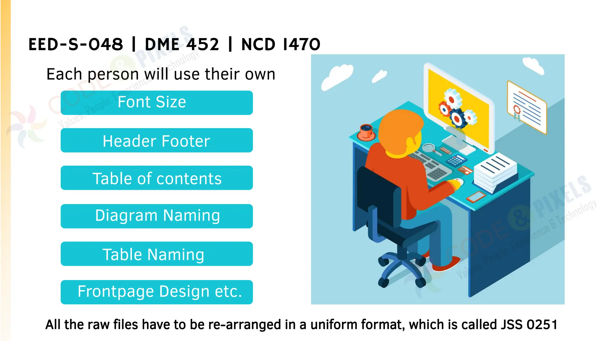 EED-S-048 | DME 452 | NCD 1470
Each person will use their own
All the raw files have to be re-arranged in a uniform format, which is called JSS 0251
Font Size
Header Footer
Table of contents
Diagram Naming
Table Naming
Frontpage Design etc.
 