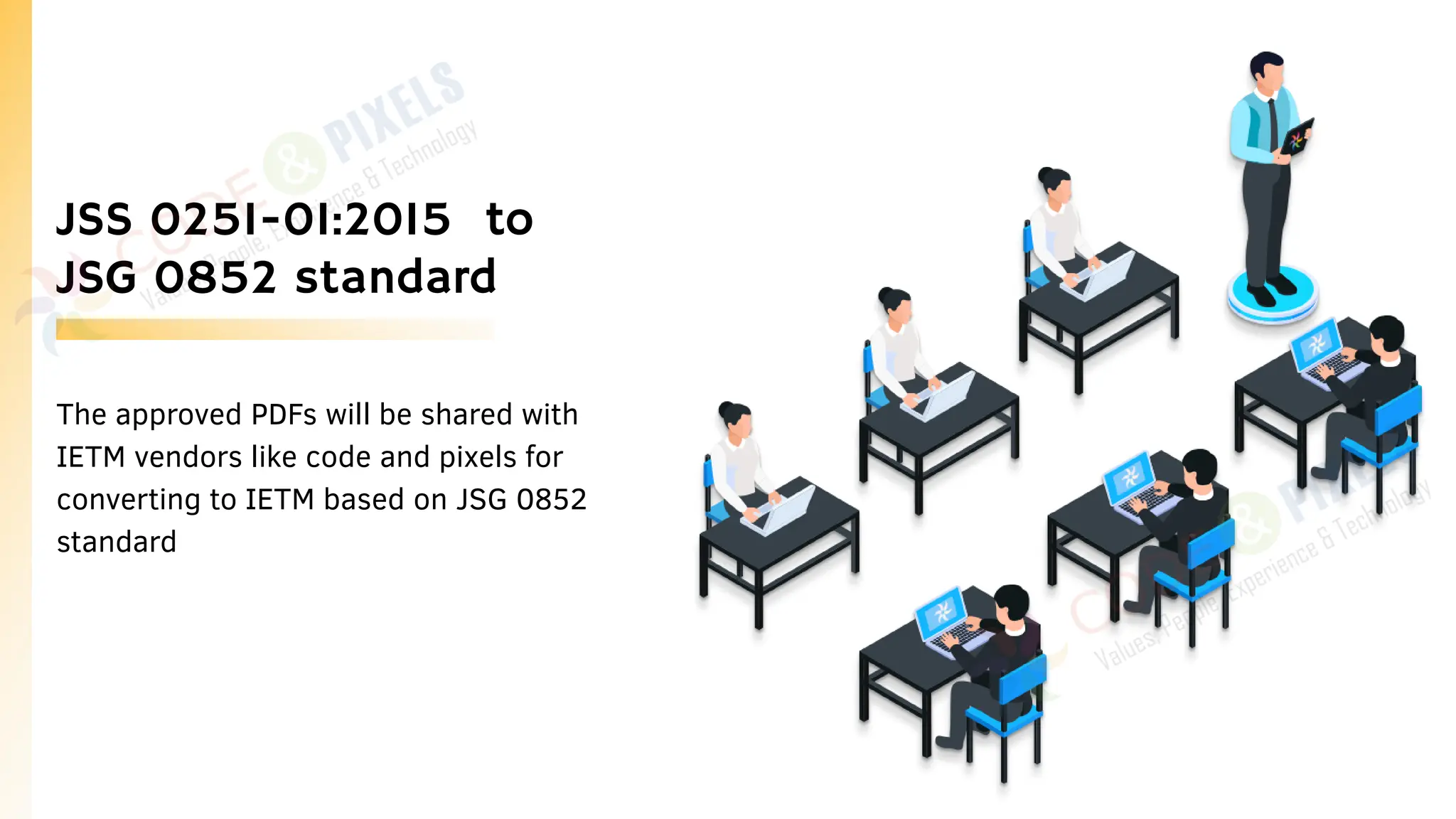 JSS 0251-01:2015 to
JSG 0852 standard
The approved PDFs will be shared with
IETM vendors like code and pixels for
converting to IETM based on JSG 0852
standard
 