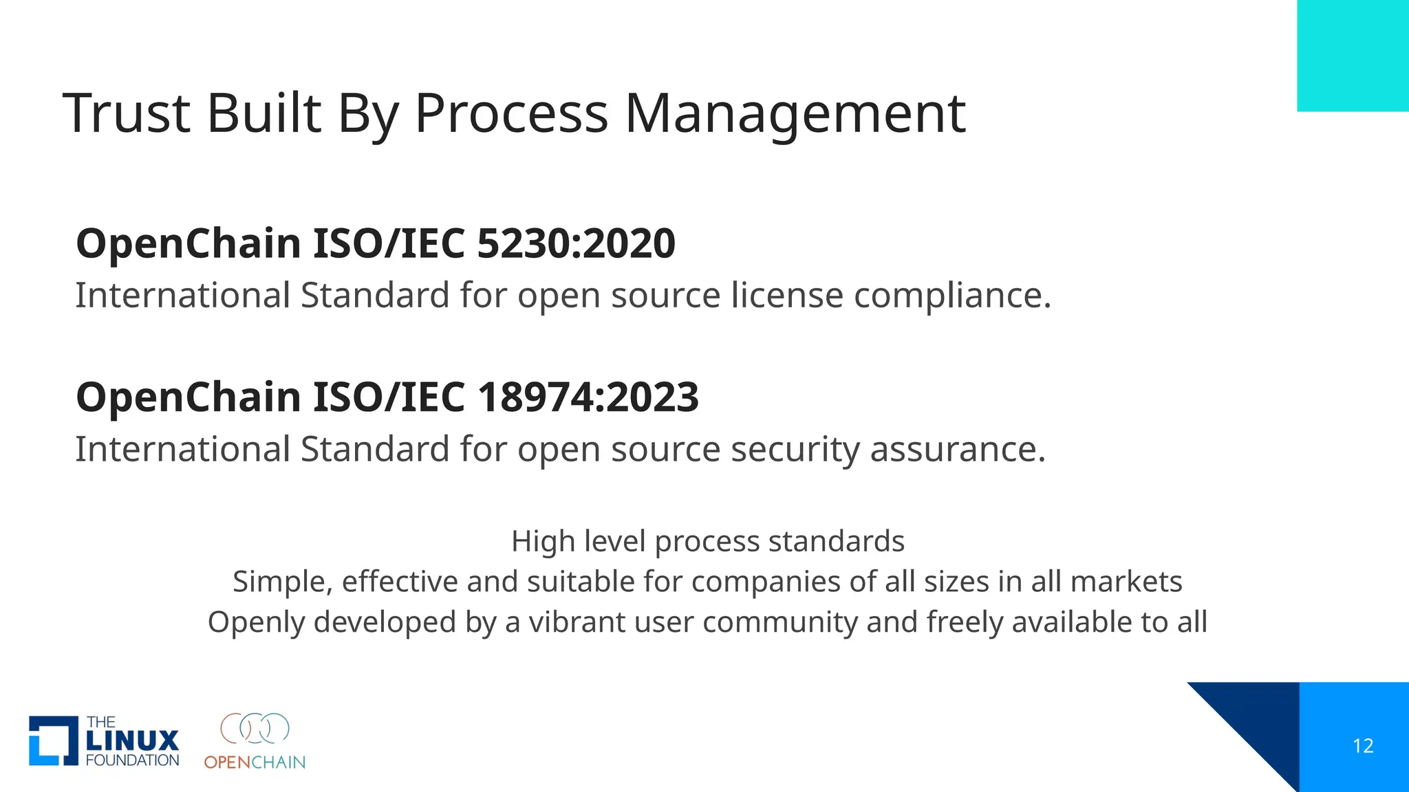12
Trust Built By Process Management
OpenChain ISO/IEC 5230:2020
International Standard for open source license compliance.
OpenChain ISO/IEC 18974:2023
International Standard for open source security assurance.
High level process standards
Simple, effective and suitable for companies of all sizes in all markets
Openly developed by a vibrant user community and freely available to all
 