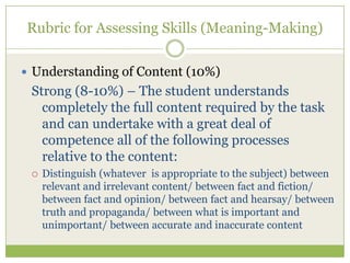 Rubric for Assessing Skills (Meaning-Making)

 Understanding of Content (10%)
 Strong (8-10%) – The student understands
   completely the full content required by the task
   and can undertake with a great deal of
   competence all of the following processes
   relative to the content:
    Distinguish (whatever is appropriate to the subject) between
     relevant and irrelevant content/ between fact and fiction/
     between fact and opinion/ between fact and hearsay/ between
     truth and propaganda/ between what is important and
     unimportant/ between accurate and inaccurate content
 