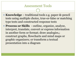 Assessment Tools

 Knowledge – traditional tools e.g. paper-&-pencil
  tests using multiple choice, true-or-false or matching
  type tests and constructed response tests
 Process or Skills - outline, organize, analyze,
  interpret, translate, convert or express information
  in another form or format; draw analogies,;
  construct graphs, flowcharts and mind maps or
  graphic organizers; or transform a textual
  presentation into a diagram
 