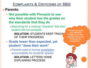 Complaints & Criticisms of SBG<br />Parents: <br />Not possible with Pinnacle to see why their student has the grades on t...