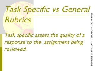 Task Specific vs General Rubrics Task specific assess the quality of a response to the  assignment being reviewed. 