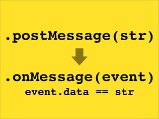 .postMessage(str)

.onMessage(event)
  event.data == str
 