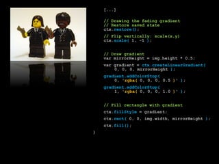 		[...]		// Drawing the fading gradient// Restore saved statectx.restore();// Flip vertically: scale(x,y)ctx.scale( 1, -1 );// Draw gradientvarmirrorHeight = img.height * 0.5;var gradient = ctx.createLinearGradient(    		0, 0, 0, mirrorHeight);gradient.addColorStop(			0, 'rgba( 0, 0, 0, 0.5 )' );gradient.addColorStop(			1, 'rgba( 0, 0, 0, 1.0 )' );		// Fill rectangle with gradientctx.fillStyle = gradient;ctx.rect( 0, 0, img.width, mirrorHeight);ctx.fill();}