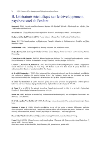 56

OMS Europe et BZgA Standards pour l’éducation sexuelle en Europe

B. Littérature scientifique sur le développement
psychosexuel de l'enfant
Bancroft J (2006). Normal sexual development. Barbaree HE, Marshall WL (eds.). The juvenile sex offender. New
York/London, Guilford Press.
Bancroft J et al. (eds.) (2003). Sexual development in childhood. Bloomington, Indiana University Press.
Barbaree E, Marshall WL (eds.) (2006). The juvenile sex offender. New York/London, Guilford Press.
Berger M (1994). Sexualerziehung im Kindergarten. [Sexuality education in the kindergarten]. Frankfurt am Main,
Brandes & Apsel.
Bornemann E (1994). Childhood phases of maturity. Amherst, NY, Prometheus Books.
Burian B (ed.) (2005). Doktorspiele. Die Sexualität des Kindes [Playing doctors and nurses. Child sexuality]. Vienna,
Picusverlag.
Cohen-Kettenis PT, Sandfort T (1996). Seksueel gedrag van kinderen. Een kwantitatief onderzoek onder moeders
[Sexual behaviour of children. A quantitative survey]. Tijdschrift voor Seksuologie, 20:254-265.
Creemers C, Vermeiren R, Deboutte D (2007). Seksueel grensoverschrijdend gedrag door kinderen [Inappropriate
sexual behaviour in children]. In: Van Wijk AP, Bullens RAR, Van Den Eshof P (eds.). Facetten van
zedencriminaliteit [Facets of sexual criminality]. The Hague.
de Graaf H, Rademakers J (2003). Seks in de groei. Een verkennend onderzoek naar de (pre-)seksuele ontwikkeling
van kinderen en jeugdigen [A growing interest in sex. An exploratory study into the pre-sexual and sexual
development of children and young people] (RNG-studies, No. 2). Delft, Rutgers Nisso Groep.
de Graaf H; Rademakers J (2007). Seksueel gedrag en seksuele gevoelens van prepuberale kinderen [Sexual
behaviour and sexual feelings of prepubertal children]. Tijdschrift voor Seksuologie, 31:184-194.
de Graaf H et al. (2004). De seksuele levensloop [Sexual development]. In: Gijs L. et al. (eds.). Seksuologie
[Sexology]. Houten, Bohn Stafleu van Loghum, pp. 167-190.
Delfos MF (1996). Kinderen in ontwikkeling. Stoornissen en belemmeringen [Child development. Interference and
obstacles]. Lisse, Pearson.
De Wit J, Van Der Veer G, Slot NW (1995). Psychologie van de adolescentie [The adolescent psychology]. Baarn,
Intro.
Dieltjens S, Meurs P (2008). Seksuele ontwikkeling en de rol van broers en zussen. Siblingseks: spelletjes,
nieuwsgierigheid, misbruik en incest [Sexual development and the role of brothers and sisters. Sibling sex: games,
curiosity, abuse and incest]. Cahiers seksuele psychologie en seksuologie, 3. Antwerp/Apeldoorn.
Dunde SR (1992). Handbuch Sexualität [Guide to sexuality]. Weinheim, Deutscher Studien-Verlag.
Frans E (ed.) (2008). Seksueel grensoverschrijdend gedrag. Algemene gids [Inappropriate sexual behaviour. A
general guide]. Antwerp, Sensoa
(http://www.sensoa.be/downloadfiles_shop/algemene_gids_grensoverschr_gedrag.pdf).

 