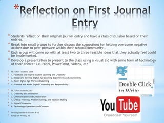*
* Students reflect on their original journal entry and have a class discussion based on their
    entries.
*   Break into small groups to further discuss the suggestions for helping overcome negative
    actions due to peer pressure within their school/community .
*   Each group will come up with at least two to three feasible ideas that they actually feel could
    be implemented.
*   Develop a presentation to present to the class using a visual aid with some form of technology
    of their choice: i.e. Prezi, PowerPoint, videos, etc.

*   NETS for Teachers 2008
*   1. Facilitate and Inspire Student Learning and Creativity
*   2. Design and Develop Digital-Age Learning Experiences and Assessments
*   3. Model Digital-Age Work and Learning
*   4. Promote and Model Digital Citizenship and Responsibility


*   NETS for Students 2007
*   1. Creativity and Innovation
*   2. Communication and Collaboration
*   4. Critical Thinking, Problem Solving, and Decision Making
*   5. Digital Citizenship
*   6. Technology Operations and Concepts


*   Writing Standards Grades 9-10
*   Range of Writing, 10
 
