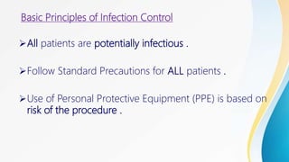 Basic Principles of Infection Control
All patients are potentially infectious .
Follow Standard Precautions for ALL patients .
Use of Personal Protective Equipment (PPE) is based on
risk of the procedure .
 