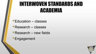 •Education – classes
•Research – classes
•Research – new fields
•Engagement
INTERWOVEN STANDARDS AND
ACADEMIA
 