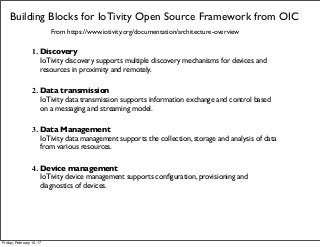 Building Blocks for IoTivity Open Source Framework from OIC
From https://www.iotivity.org/documentation/architecture-overview
1. Discovery
IoTivity discovery supports multiple discovery mechanisms for devices and
resources in proximity and remotely.
2. Data transmission
IoTivity data transmission supports information exchange and control based
on a messaging and streaming model.
3. Data Management
IoTivity data management supports the collection, storage and analysis of data
from various resources.
4. Device management
IoTivity device management supports conﬁguration, provisioning and
diagnostics of devices.
Friday, February 10, 17
 