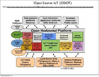 Open Source IoT (OSIOT)
From http://www.networkworld.com/article/2224803/software/the-open-source-internet-of-things-has-some-big-aspirations.html
Friday, February 10, 17
 
