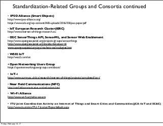 • IPSO Alliance (Smart Objects)
http://www.ipso-alliance.org/
https://www.iab.org/wp-content/IAB-uploads/2016/03/ipso-paper.pdf
• IoT European Research Cluster(IERC)
http://www.internet-of-things-research.eu
• OGC SensorThings API, SensorML, and Sensor Web Enablement
http://www.opengeospatial.org/projects/groups/sensorthings
http://www.opengeospatial.org/standards/sensorml
www.opengeospatial.org/ogc/markets-technologies/swe
• WS02 IoT
http://wso2.com/iot
• Open Networking Users Group
https://opennetworkingusergroup.com/about/
• IoT-i
http://www.surrey.ac.uk/ics/research/internet-of-things/projects/completed/iot-i/
• Near Field Communications (NFC)
http://nearﬁeldcommunication.org/technology.html
• Wi-Fi Alliance
http://www.wi-ﬁ.org/who-we-are
• ITU Joint Coordination Activity on Internet of Things and Smart Cities and Communities(JCA-IoT and SC&C)
http://www.itu.int/en/ITU-T/jca/iot/Pages/default.aspx
Standardization-Related Groups and Consortia continued
Friday, February 10, 17
 