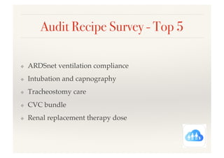 Audit Recipe Survey - Top 5!
❖  ARDSnet ventilation compliance!
❖  Intubation and capnography!
❖  Tracheostomy care!
❖  CVC bundle!
❖  Renal replacement therapy dose!
 