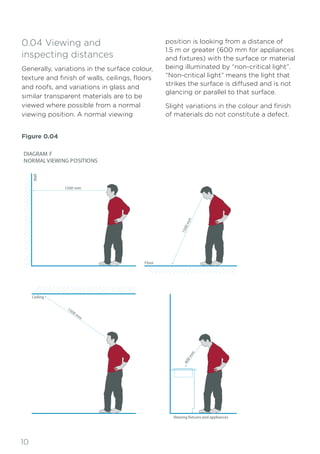 10
0.04 Viewing and
inspecting distances
Generally, variations in the surface colour,
texture and finish of walls, ceilings, floors
and roofs, and variations in glass and
similar transparent materials are to be
viewed where possible from a normal
viewing position. A normal viewing
position is looking from a distance of
1.5 m or greater (600 mm for appliances
and fixtures) with the surface or material
being illuminated by “non-critical light”.
“Non-critical light” means the light that
strikes the surface is diffused and is not
glancing or parallel to that surface.
Slight variations in the colour and finish
of materials do not constitute a defect.
DIAGRAM F
NORMALVIEWING POSITIONS
1500 mm
Wall
1
5
0
0
m
m
Floor
1500 mm
Ceiling
6
0
0
m
m
Viewing fixtures and appliances
Figure 0.04
 