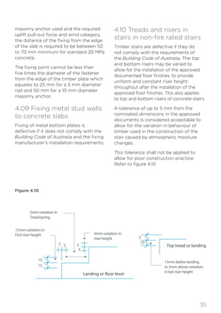 35
masonry anchor used and the required
uplift pull-out force and wind category,
the distance of the fixing from the edge
of the slab is required to be between 50
to 70 mm minimum for standard 20 MPa
concrete.
The fixing point cannot be less than
five times the diameter of the fastener
from the edge of the timber plate which
equates to 25 mm for a 5 mm diameter
nail and 50 mm for a 10 mm diameter
masonry anchor.
4.09 Fixing metal stud walls
to concrete slabs
Fixing of metal bottom plates is
defective if it does not comply with the
Building Code of Australia and the fixing
manufacturer’s installation requirements.
4.10 Treads and risers in
stairs in non-fire rated stairs
Timber stairs are defective if they do
not comply with the requirements of
the Building Code of Australia. The top
and bottom risers may be varied to
allow for the installation of the approved
documented floor finishes, to provide
uniform and constant riser height
throughout after the installation of the
approved floor finishes. This also applies
to top and bottom risers of concrete stairs.
A tolerance of up to 5 mm from the
nominated dimensions in the approved
documents is considered acceptable to
allow for the variation in behaviour of
timber used in the construction of the
stair caused by atmospheric moisture
changes.
This tolerance shall not be applied to
allow for poor construction practice.
Refer to figure 4.10
Figure 4.10
Top tread or landing
Landing or floor level
5mm variation in
Tread/going
15
5 5 5
5
5
15
15
15mm variation in
First riser height 5mm variation in
riser height
15mm below landing
or 5mm above variation
in last riser height
 