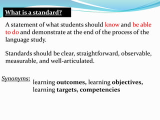What is a standard?
A statement of what students should know and be able
to do and demonstrate at the end of the process of the
language study.
Synonyms:
learning outcomes, learning objectives,
learning targets, competencies
Standards should be clear, straightforward, observable,
measurable, and well-articulated.
 
