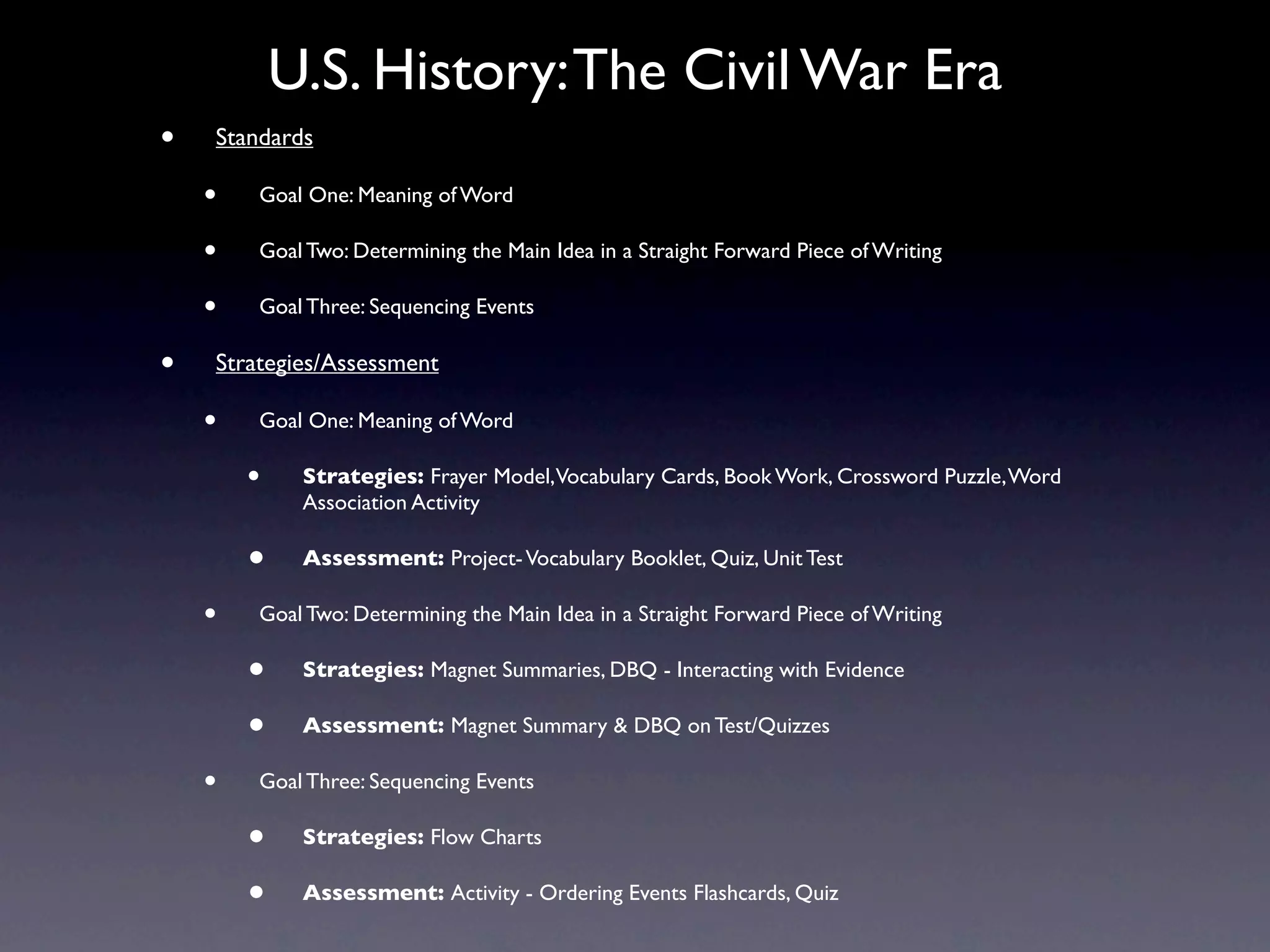 U.S. History: The Civil War Era
•   Standards

    •   Goal One: Meaning of Word

    •   Goal Two: Determining the Main Idea in a Straight Forward Piece of Writing

    •   Goal Three: Sequencing Events

•   Strategies/Assessment

    •   Goal One: Meaning of Word

        •    Strategies: Frayer Model, Vocabulary Cards, Book Work, Crossword Puzzle, Word
             Association Activity

        •    Assessment: Project- Vocabulary Booklet, Quiz, Unit Test

    •   Goal Two: Determining the Main Idea in a Straight Forward Piece of Writing

        •    Strategies: Magnet Summaries, DBQ - Interacting with Evidence

        •    Assessment: Magnet Summary & DBQ on Test/Quizzes

    •   Goal Three: Sequencing Events

        •    Strategies: Flow Charts

        •    Assessment: Activity - Ordering Events Flashcards, Quiz
 