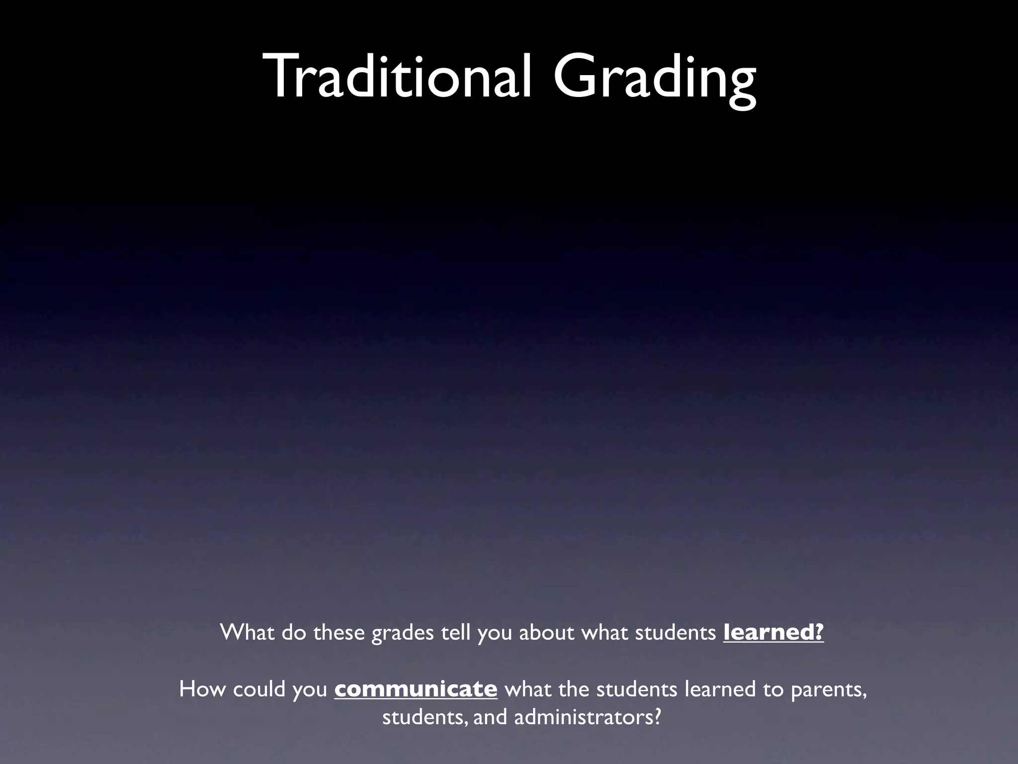 Traditional Grading




   What do these grades tell you about what students learned?

How could you communicate what the students learned to parents,
                 students, and administrators?
 