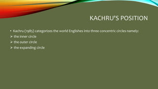 KACHRU'S POSITION
• Kachru (1985) categorizes the world Englishes into three concentric circles namely:
 the inner circle
 the outer circle
 the expanding circle
 