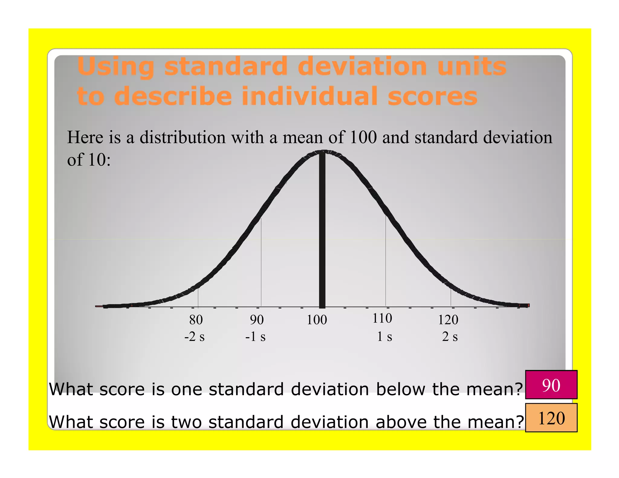 Using standard deviation units
   to describe individual scores
  Here is a distribution with a mean of 100 and standard deviation
  of 10:




                  80      90     100      110     120
                 -2 s    -1 s              1s      2s


What score is one standard deviation below the mean?            90
What score is two standard deviation above the mean? 120
 