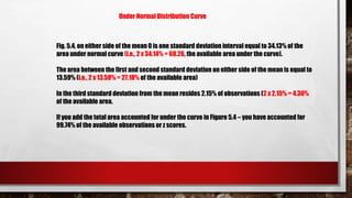 Fig. 5.4, on either side of the mean 0 is one standard deviation interval equal to 34.13% of the
area under normal curve (i.e., 2 x 34.14% = 68.26, the available area under the curve).
The area between the first and second standard deviation on either side of the mean is equal to
13.59% (i.e., 2 x 13.58% = 27.18% of the available area)
In the third standard deviation from the mean resides 2.15% of observations (2 x 2.15% = 4.30%
of the available area.
If you add the total area accounted for under the curve in Figure 5.4 – you have accounted for
99.74% of the available observations or z scores.
Under Normal Distribution Curve
 