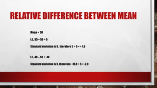 RELATIVE DIFFERENCE BETWEEN MEAN
Mean = 50
i.E., 55 – 50 = 5
Standard deviation is 5, therefore 5 ÷ 5 = + 1.0
i.E., 40 – 50 = -10
Standard deviation is 5, therefore -10.0 ÷ 5 = -2.0
 