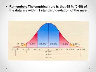 • Remember: The empirical rule is that 68 % (0.68) of
the data are within 1 standard deviation of the mean.
 