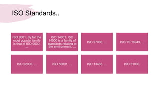 ISO Standards..
ISO 9001. By far the
most popular family
is that of ISO 9000.
...
ISO 14001. ISO
14000 is a family of
standards relating to
the environment. ...
ISO 27000. ... ISO/TS 16949. ...
ISO 22000. ... ISO 50001. ... ISO 13485. ... ISO 31000.
 