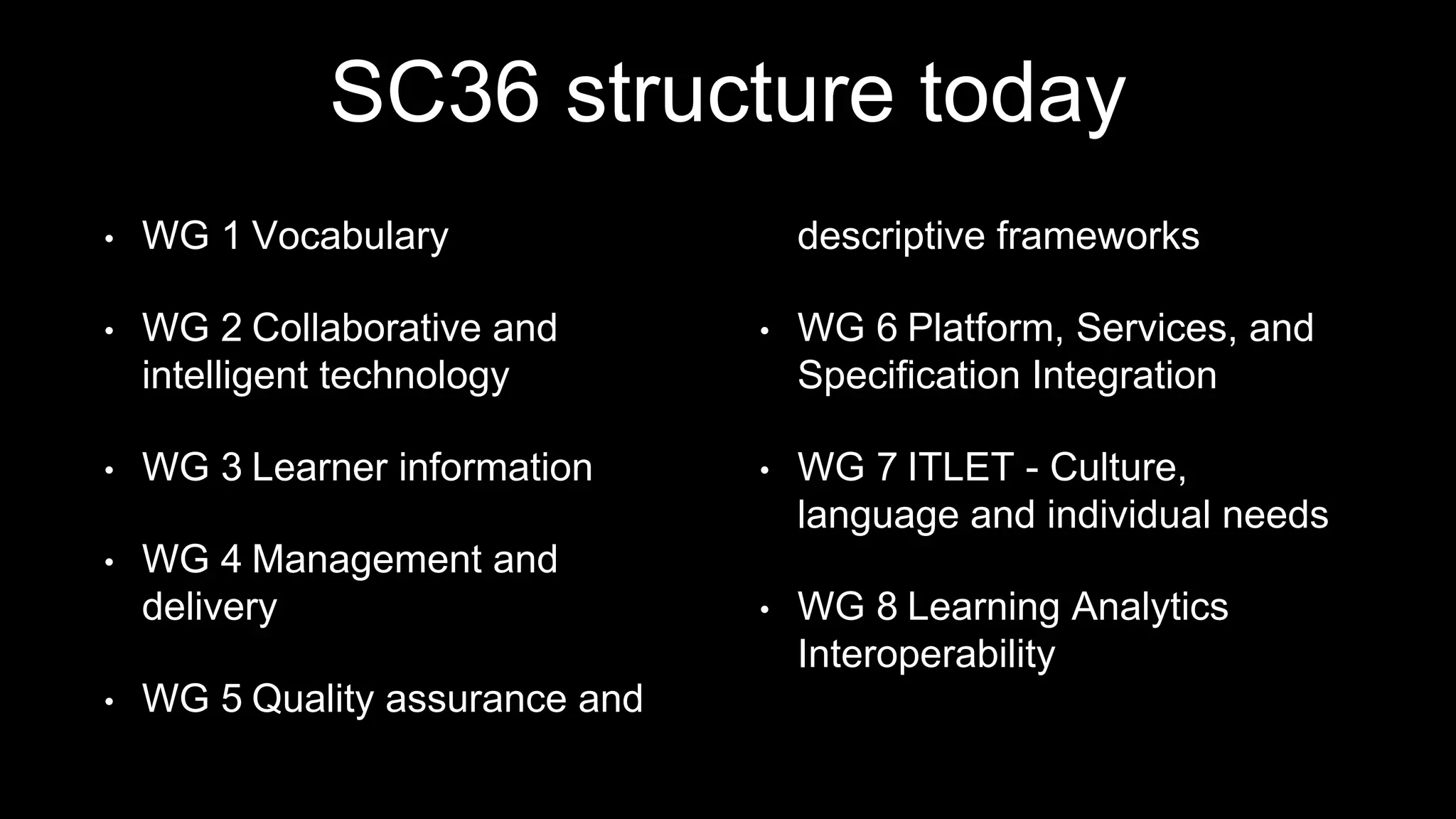 SC36 structure today
• WG 1 Vocabulary
• WG 2 Collaborative and
intelligent technology
• WG 3 Learner information
• WG 4 Management and
delivery
• WG 5 Quality assurance and
descriptive frameworks
• WG 6 Platform, Services, and
Specification Integration
• WG 7 ITLET - Culture,
language and individual needs
• WG 8 Learning Analytics
Interoperability
 
