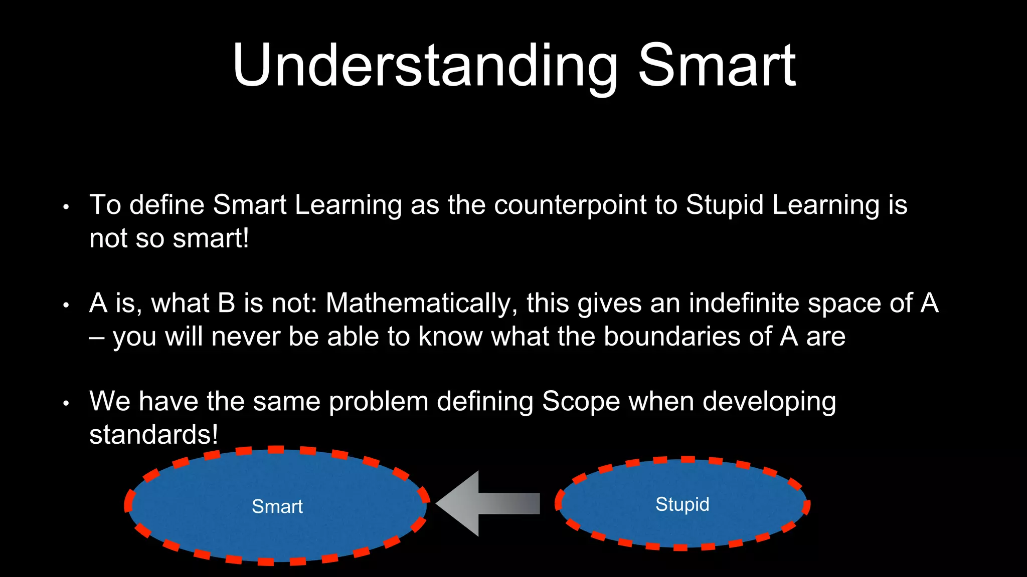 Understanding Smart
• To define Smart Learning as the counterpoint to Stupid Learning is
not so smart!
• A is, what B is not: Mathematically, this gives an indefinite space of A
– you will never be able to know what the boundaries of A are
• We have the same problem defining Scope when developing
standards!
Smart StupidSmart
 
