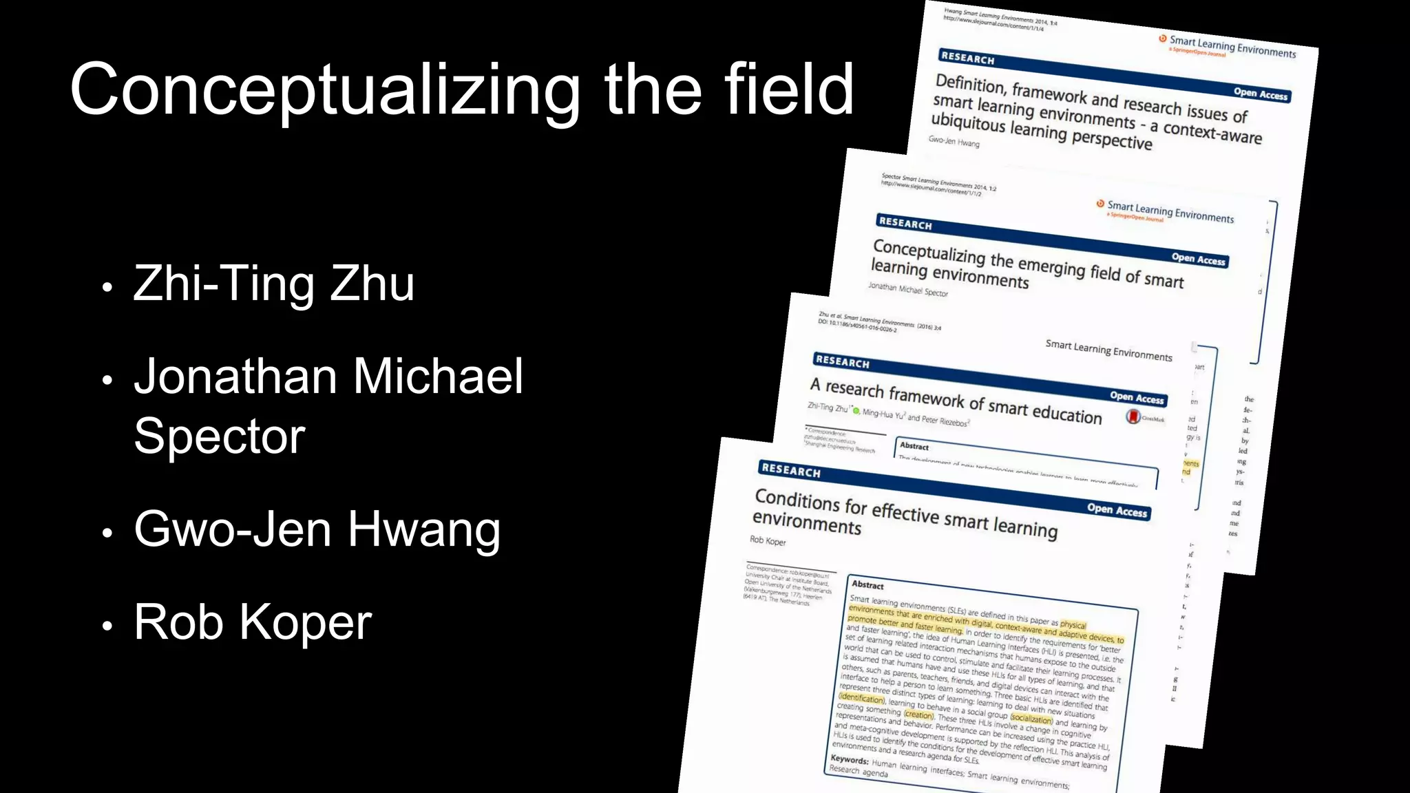 Conceptualizing the field
• Zhi-Ting Zhu
• Jonathan Michael
Spector
• Gwo-Jen Hwang
• Rob Koper
 