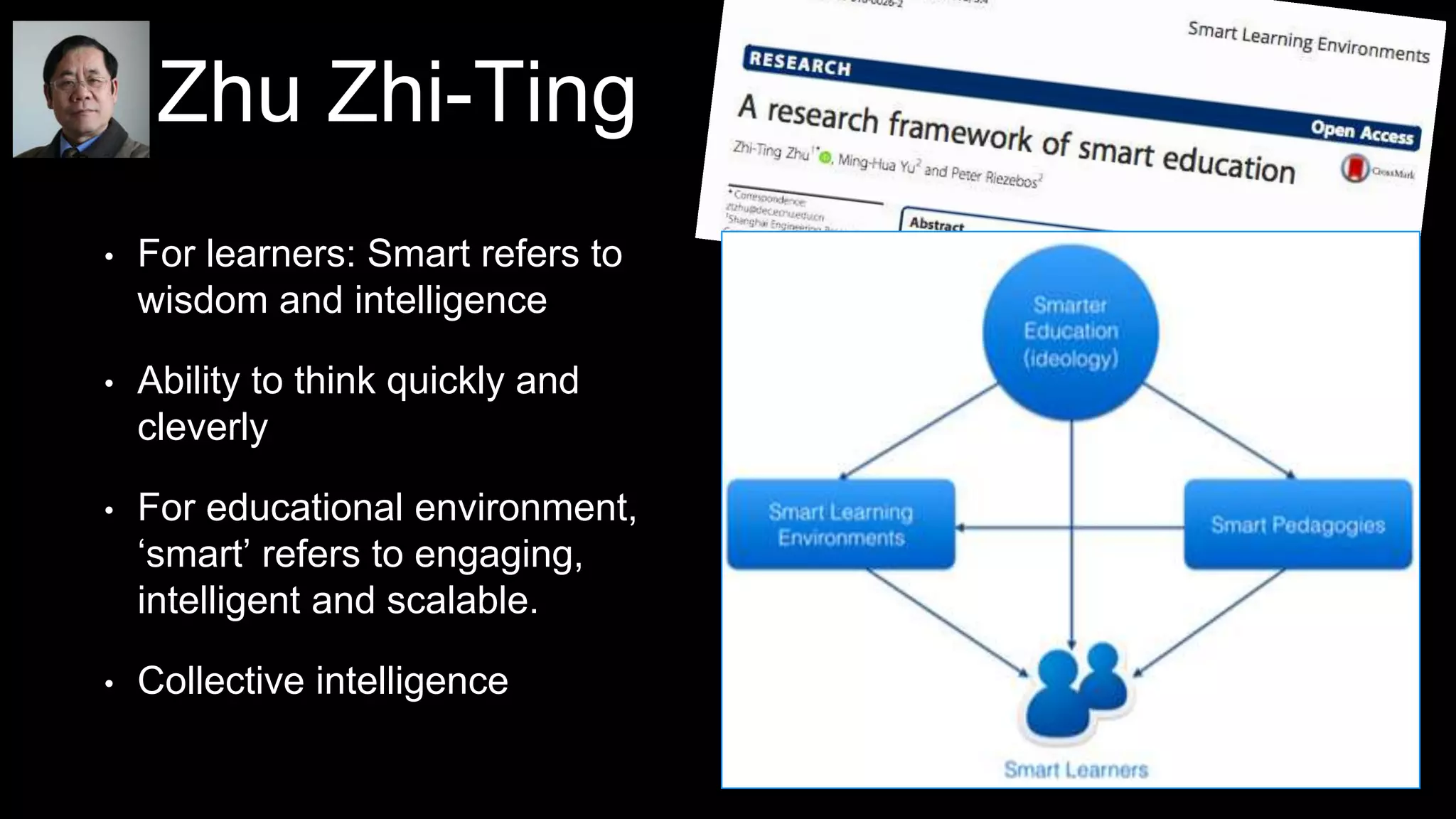 Zhu Zhi-Ting
• For learners: Smart refers to
wisdom and intelligence
• Ability to think quickly and
cleverly
• For educational environment,
‘smart’ refers to engaging,
intelligent and scalable.
• Collective intelligence
 