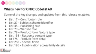 What’s new for ONIX: Codelist 69
Some of the key changes and updates from this release relate to:
● List 17 – Contributor role
● List 27 - Subject scheme identiﬁer
● List 45 – Publishing role
● List 73 – Website role
● List 79 – Product form feature type
● List 158 – Resource content type
● ist 175 – Product form detail
● List 258 – Special ﬁnish
● List 196 – E-publication accessibility details
 