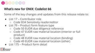 What’s new for ONIX: Codelist 66
Some of the key changes and updates from this release relate to:
● List 17 – Contributor role
○ Code B34 Sensitivity reader/editor
● List 79 – Product form feature type
○ Code 50 EUDR due diligence reference
○ Code 47 EUDR raw material location (interior or full
product)
○ Code 48 EUDR raw material location (binding)
○ Code 49 EUDR raw material location (other)
● List 175 – Product form detail
 