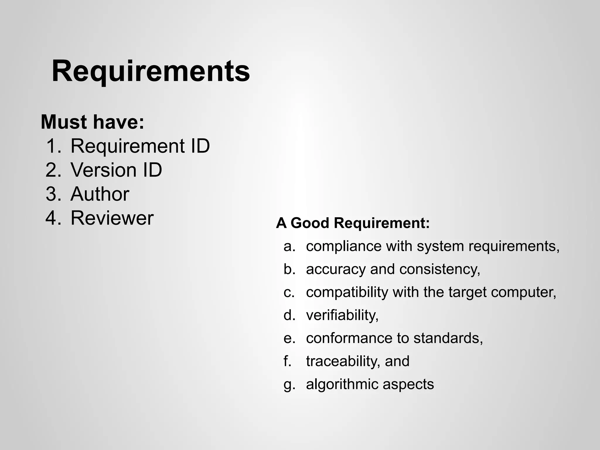 Requirements
Must have:
1. Requirement ID
2. Version ID
3. Author
4. Reviewer         A Good Requirement:
                    a. compliance with system requirements,
                    b. accuracy and consistency,
                    c. compatibility with the target computer,
                    d. verifiability,
                    e. conformance to standards,
                    f. traceability, and
                    g. algorithmic aspects
 