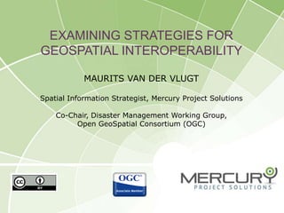 Examining Strategies for Geospatial INteroperabilityMaurits van der VlugtSpatial Information Strategist, Mercury Project SolutionsCo-Chair, Disaster Management Working Group,Open GeoSpatial Consortium (OGC) 